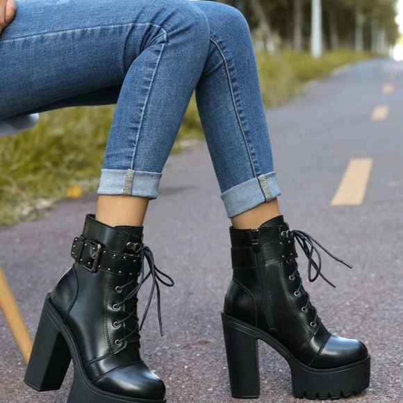 Chunky Platform Boots Goth Biker - Picture 1 of 2